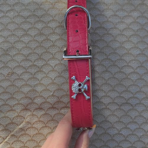 Růžový kožený obojek s lebkami